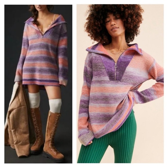 Anthropologie Daily Practice Franconia Half Zip Striped Sweater Tunic Oversized - Picture 1 of 8